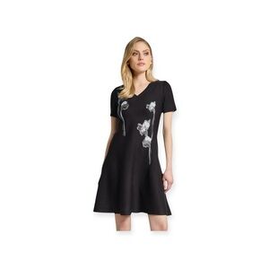 Misook ⚘ Fit and Flare Floral Embroidery Detail Knit Dress ⚘ Black White ⚘ M ⚘